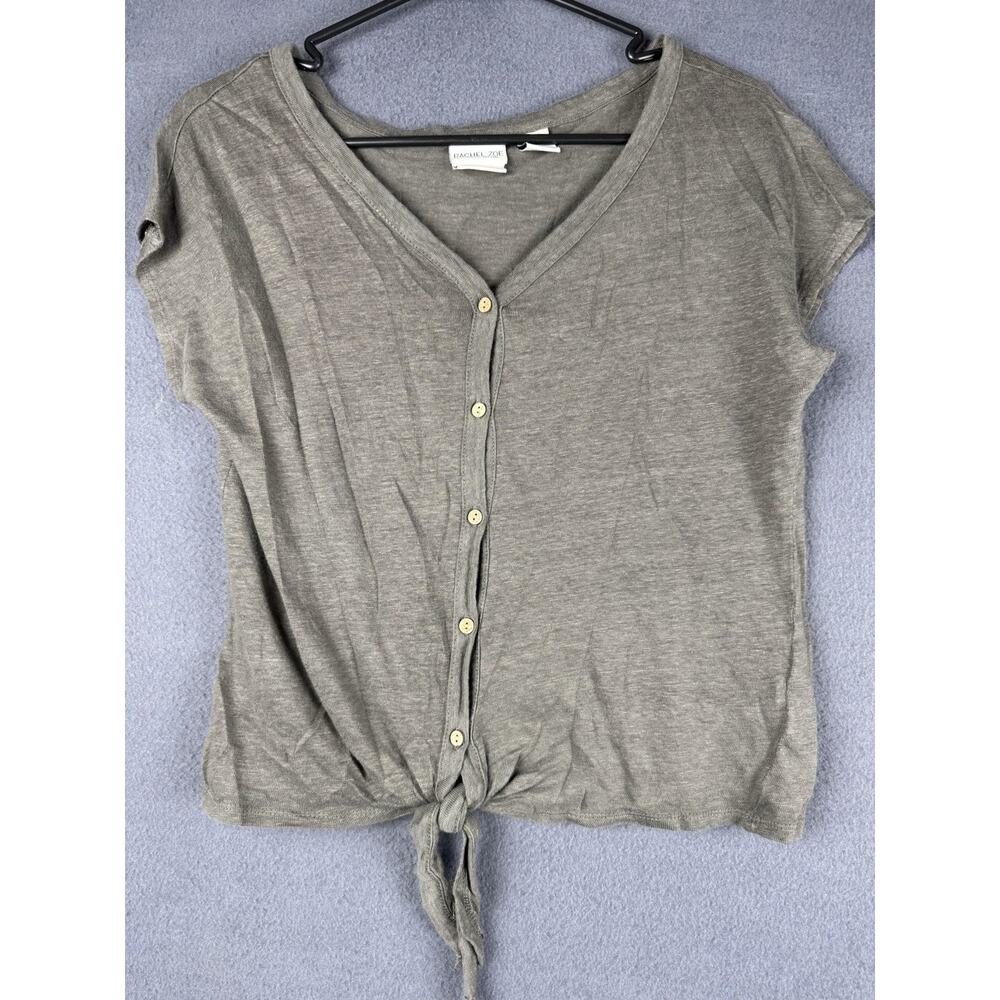 Rachel Zoe Linen Olive Green Button Front Tie Hem Top XS Short Sleeve